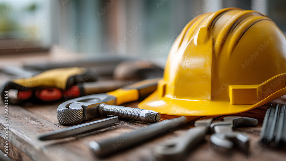 Fototapeta premium A Craftsman's Essentials: Yellow Hard Hat and Tools on a Rustic Workbench