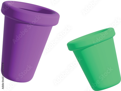 Two colorful plastic cups sit on a white surface, casting soft shadows and creating a simple, modern still life with a playful, minimalist theme.