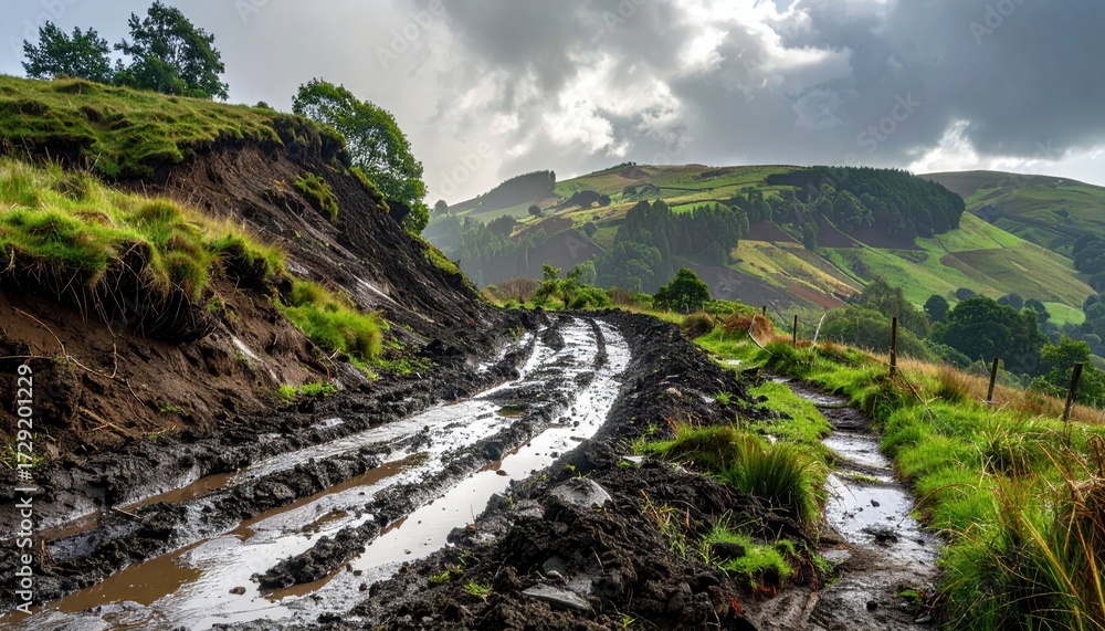 Obraz premium Muddy Dirt Path with Scenic Hills and Dramatic Sky in Landscape