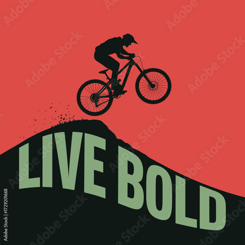 Dynamic silhouette of mountain biker soaring over hilltop with inspiring "live bold" text against fiery sunset sky vector