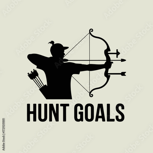 Silhouette of archer aiming bow and arrow with quiver and 'hunt goals' text symbolizing precision and target achievement vector