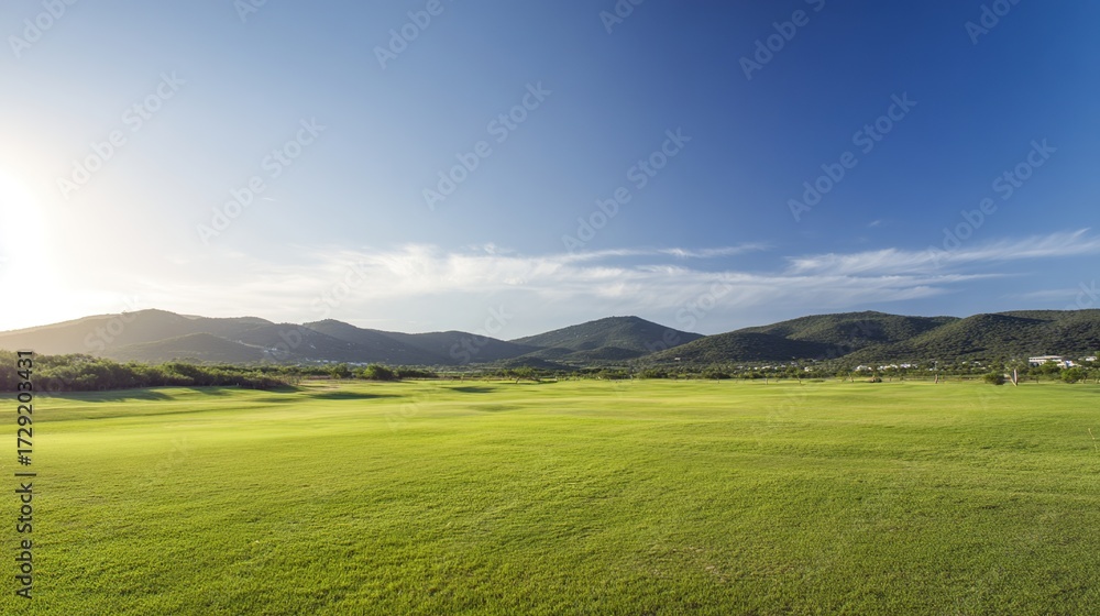 Fototapeta premium fairway. Vast green golf course under bright sunlight, capturing the tranquility of open landscapes. travel magazines, destination branding, designed for outdoor magazines and nature guides.