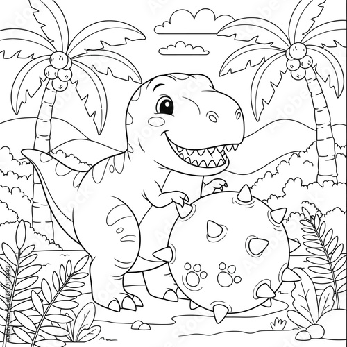 Cute Cartoon Tyrannosaurus Rex with Spiked Meteorite - Black and White Line Art for Coloring