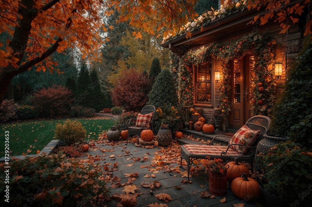 Obraz premium Backyard and terrace adorned for a peaceful garden retreat