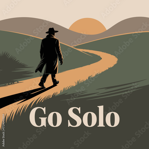 Lone traveler walks down winding path at sunset evoking journey and solitude serene landscape abstract style vector