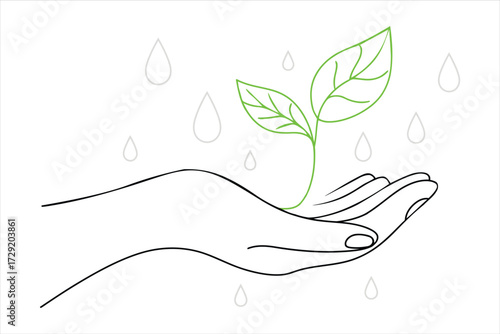 Line art illustration of a hand nurturing a young green sprout with falling rain droplets symbolizing environmental care and growth