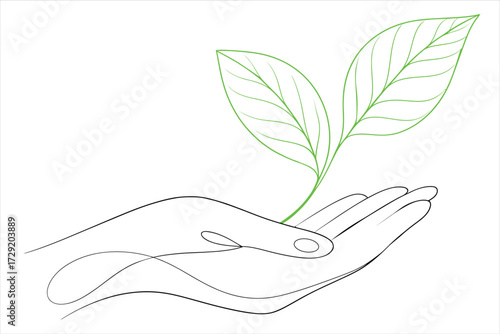 Line art illustration of a hand holding a growing plant symbolizing environmental care and sustainability for a greener future concept