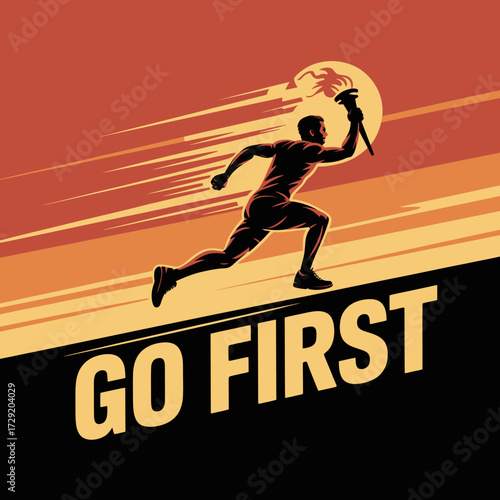 Dynamic silhouette of a determined runner charging forward symbolizing speed ambition success and the motivational phrase go first vector