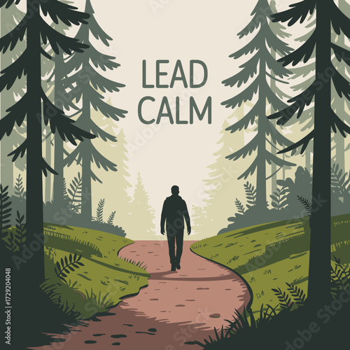 Lone figure walks a winding forest path towards distant light embracing calmness and serenity in nature's embrace vector