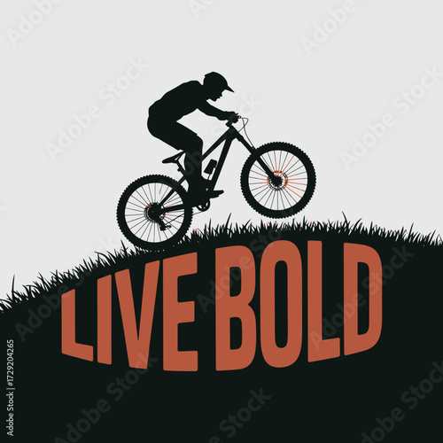 Dynamic silhouette of a mountain biker riding downhill inspiring action and adventure on textured terrain with bold text vector