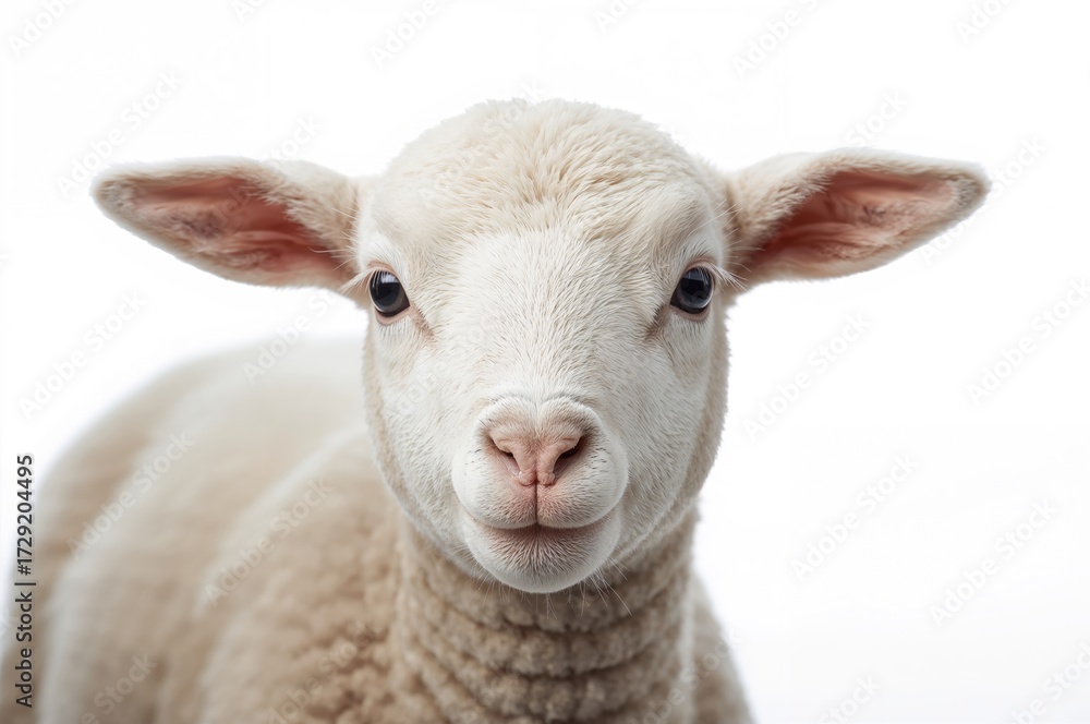 Fototapeta premium Close-up of a young Merino lamb, partially sheared, aged four months, against a plain white backdrop