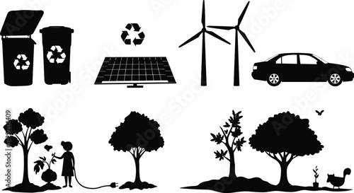 Eco sustainability silhouettes, recycling bins, solar panel, wind turbines, green energy, trees, planting, environment icons, nature conservation vector illustration