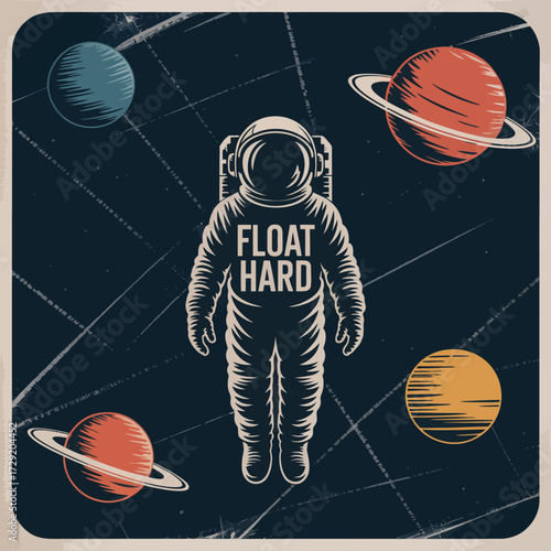 Astronaut floating in space surrounded by planets and stars wearing a helmet with float hard text vector