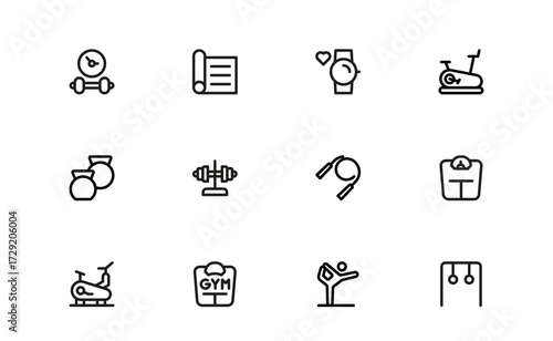 Professional Fitness Icons Collection. Flat and minimal icons of training, cardio, yoga, and workouts for digital design, apps, and health content projects.
