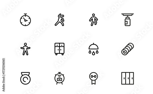 Fitness Icons in Modern Minimal Style. Includes yoga, cardio, gym equipment, and workouts perfect for apps, websites, and health-focused projects.