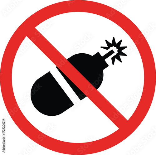 Vector prohibition sign illustration of a bomb with a red circle and slash