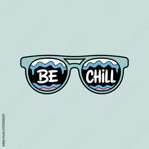 Retro sunglasses reflecting the words be chill with a wavy ocean scene and cool pastel colors vector
