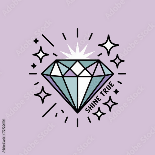Radiant diamond emblem with sparkles and 'shine true' text symbolizing brilliance and authenticity in a soft pastel palette vector
