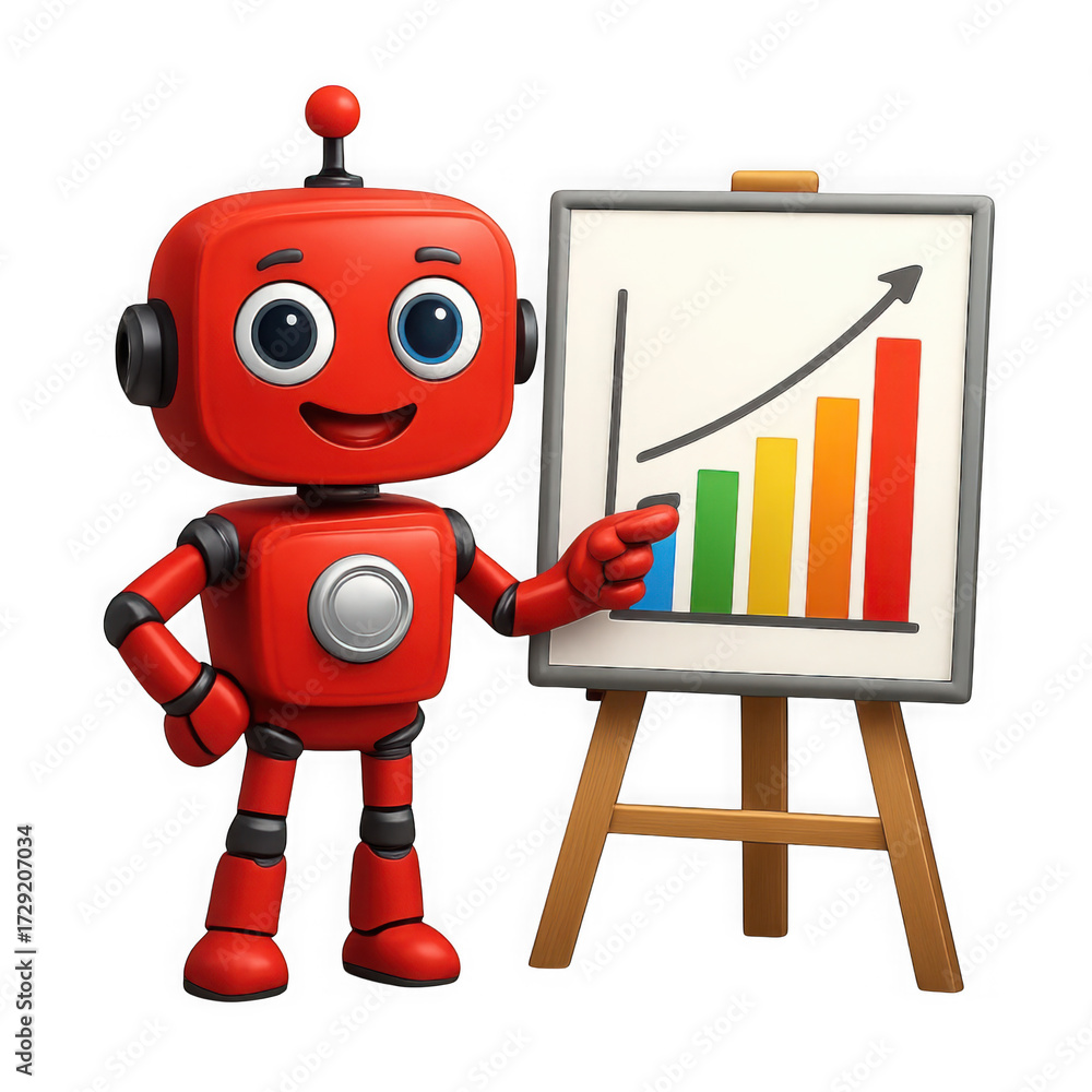 Naklejka premium Cute red robot character presenting upward trend bar chart on easel isolated on transparent background