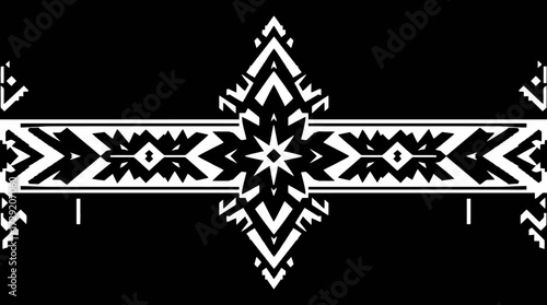 A symmetrical black and white geometric pattern with repeating tribal design elements.