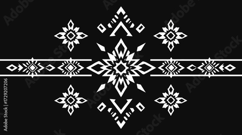 Geometric pattern with symmetrical shapes and floral elements, set against a dark background.