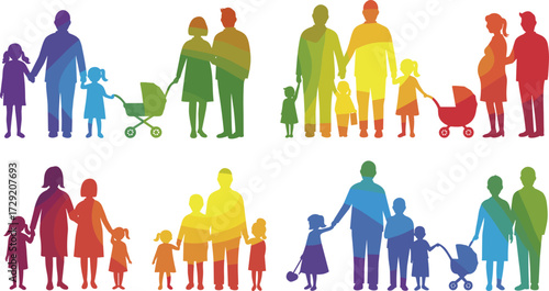 Family diversity silhouettes, colorful parents children, unity, inclusion, parenting, childcare, stroller, pregnancy, family bonds, community support, social harmony, lifestyle illustration
