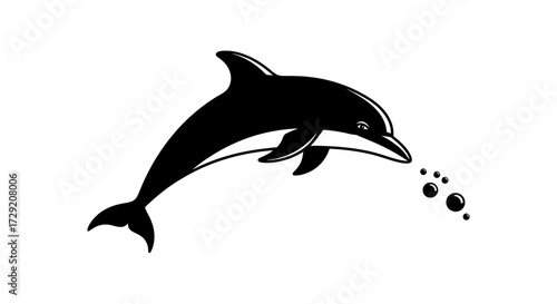 A black and white illustration of a dolphin jumping, with water droplets spraying from its blowhole.