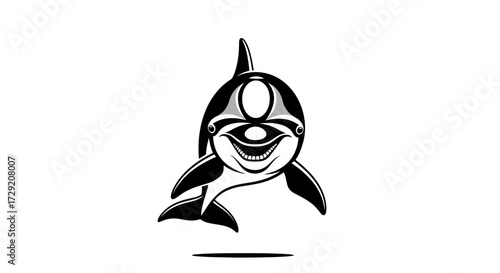 A cheerful orca whale illustration, depicted in black and white, smiling broadly and looking directly at the viewer.