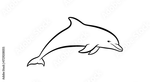 A simple black and white line drawing of a dolphin swimming gracefully.