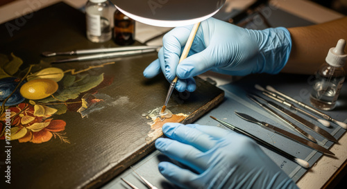 Art Restoration Close Up A Skilled Hand Carefully Repairing a Damaged Painting with Fine Brushes and Tools Preserving Cultural Heritage and Artistry