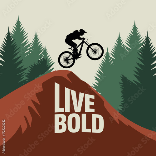 Mountain biker jumps dirt ramp amidst forest trees inspiring bold action and adventure lifestyle vector