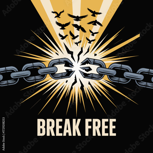 Chain breaking open with birds flying towards light symbolizing freedom and liberation concept vector