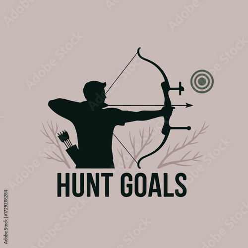 Silhouette archer aiming bow and arrow with target icon and "hunt goals" text for sports and outdoor recreation vector