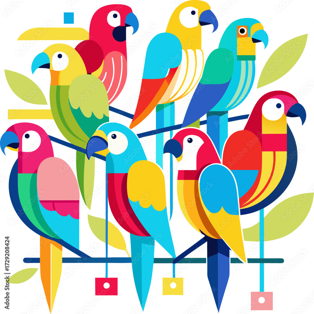 Obraz premium Colorful parrots perched on a branch in a vibrant and modern graphic illustration