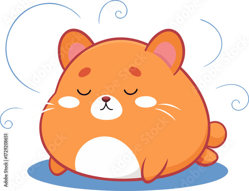 Cute orange hamster with closed eyes resting peacefully on a blue shadow spot