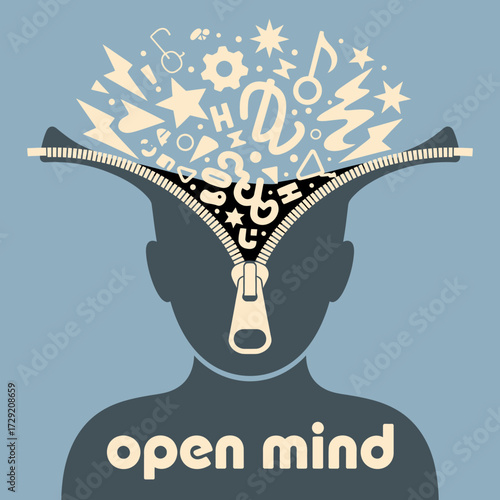 Open mind concept revealing creative ideas and symbols bursting from the head with a zippered opening vector