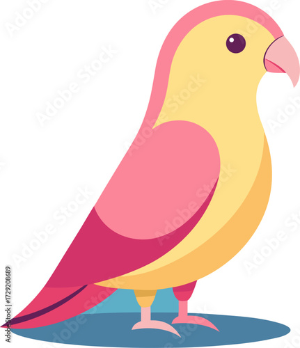 Cute lovebird illustration with pink and yellow feathers standing on blue surface
