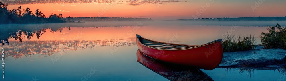 Fototapeta premium Canoe on a calm lake at sunrise with orange and blue hues and reflections