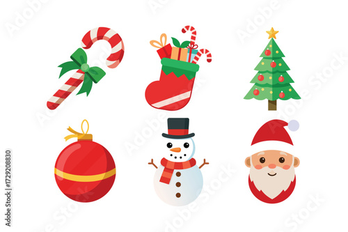 Christmas Icons Candy Cane Stocking Christmas Tree Ornament Snowman Santa striped white