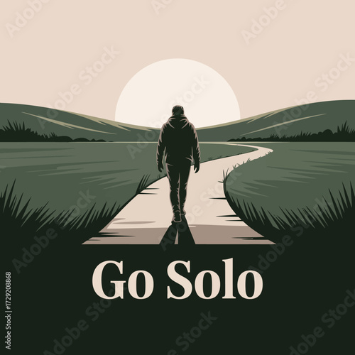 Lone traveler embraces solitude on winding path towards sunrise symbolizing new beginnings and personal journey vector