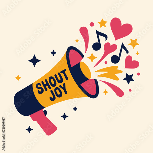 Flat design megaphone with the text shout joy emitting colorful hearts musical notes and abstract shapes creating a festive and celebratory announcement vector
