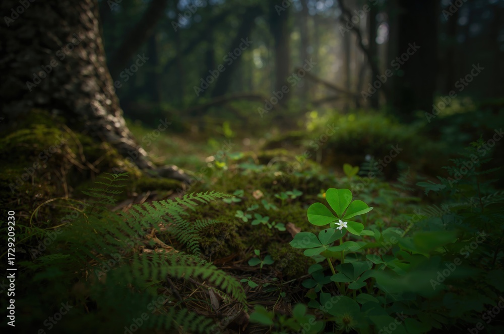 Obraz premium Clover patch amidst shadowy woodland, backdrop