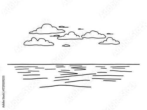 Abstract line drawing of clouds over wavy ocean water  