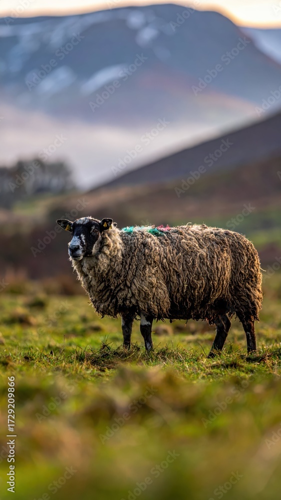 Obraz premium Majestic Sheep Grazing in Serene Mountain Landscape at Sunset