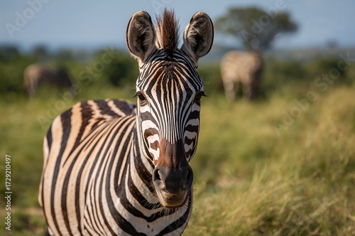 Detailed close-up of a striped wild animal