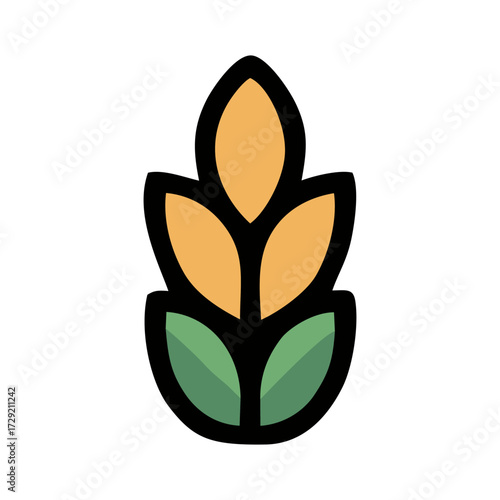 Stylized Grain Plant with Golden Head and Green Leaves Icon