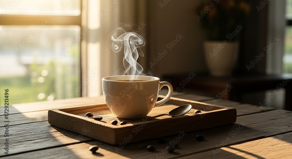 Obraz premium cup of coffee on wooden table