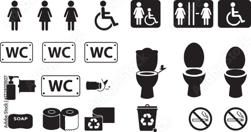 PrintRestroom and hygiene icons set, silhouette style, male female accessible signs, soap, hand dryer, toilet paper, no smoking symbols