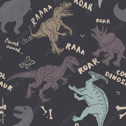 Dino Seamless Pattern, Cute Cartoon Dinosaurs Doodles Illustration