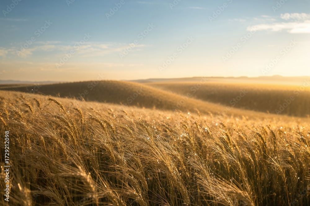 Fototapeta premium Sunrise over a misty wheat meadow